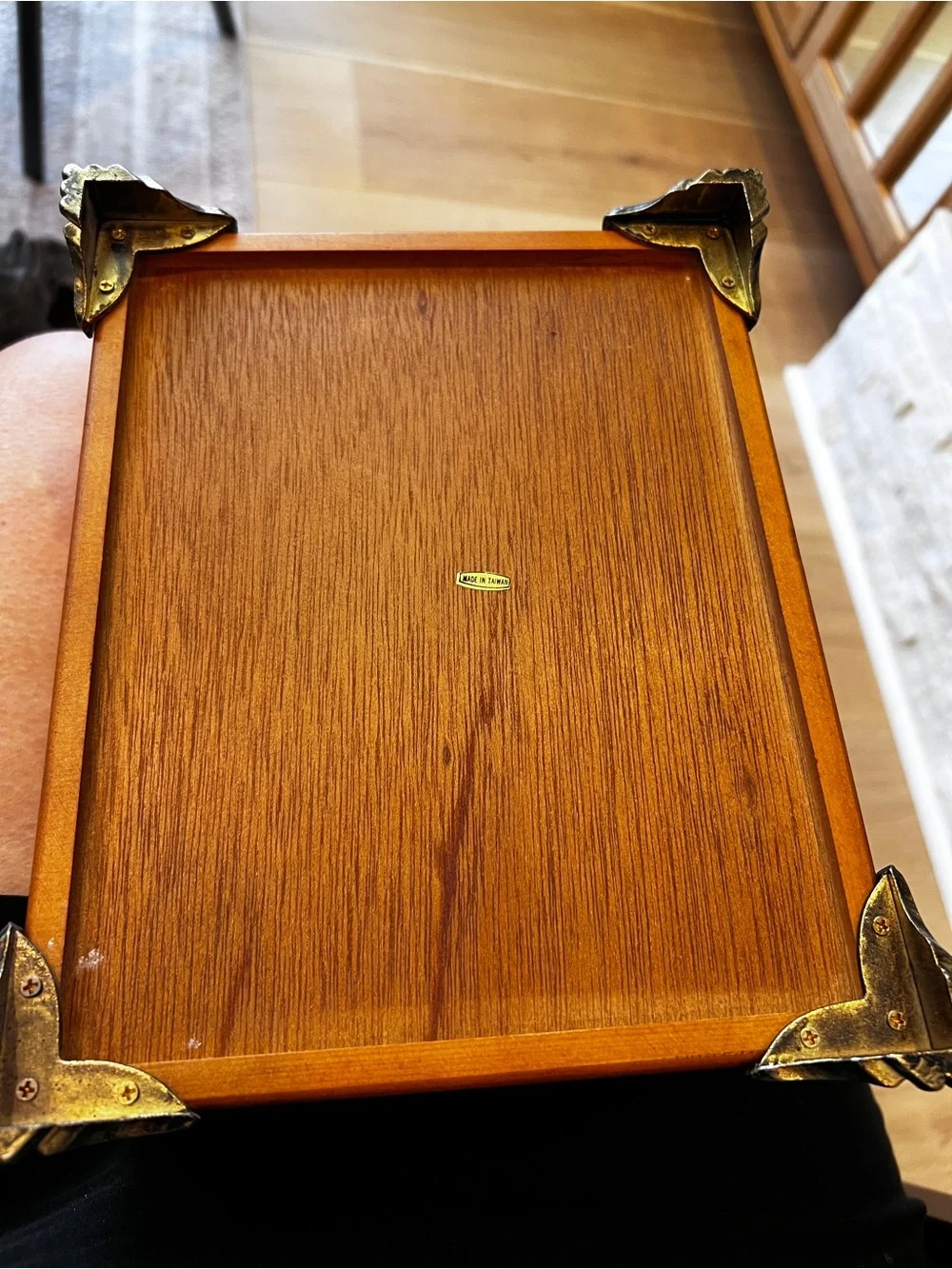 Vintage Floral Tapestry Jewelry Box Wood Trim Removable Tray Ornate Feet